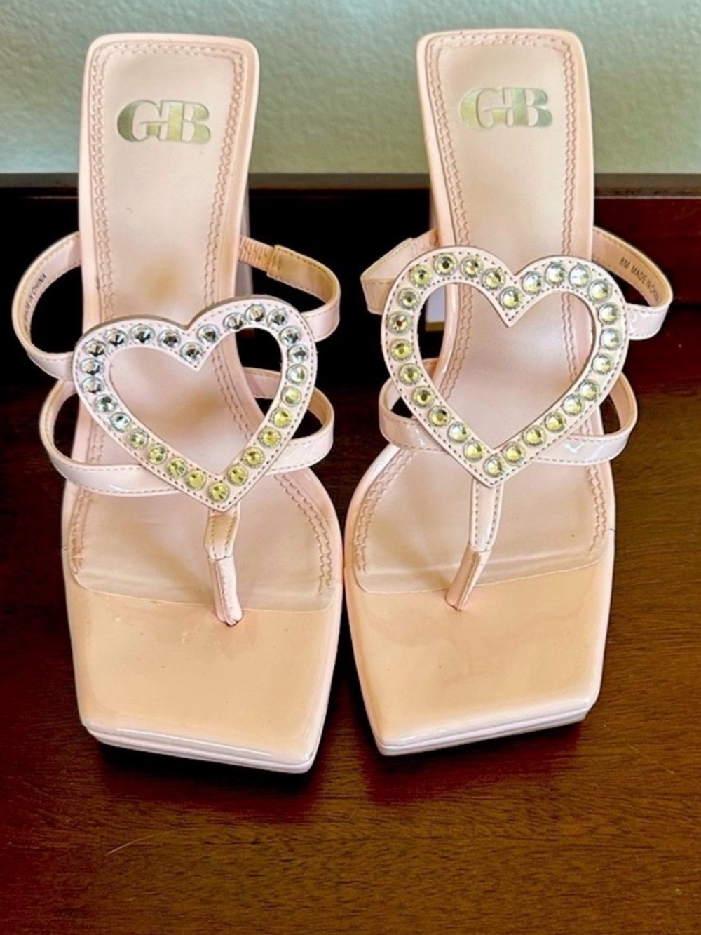Gianni Bini shiny pink Heart-Adorned Heels with diamond outline